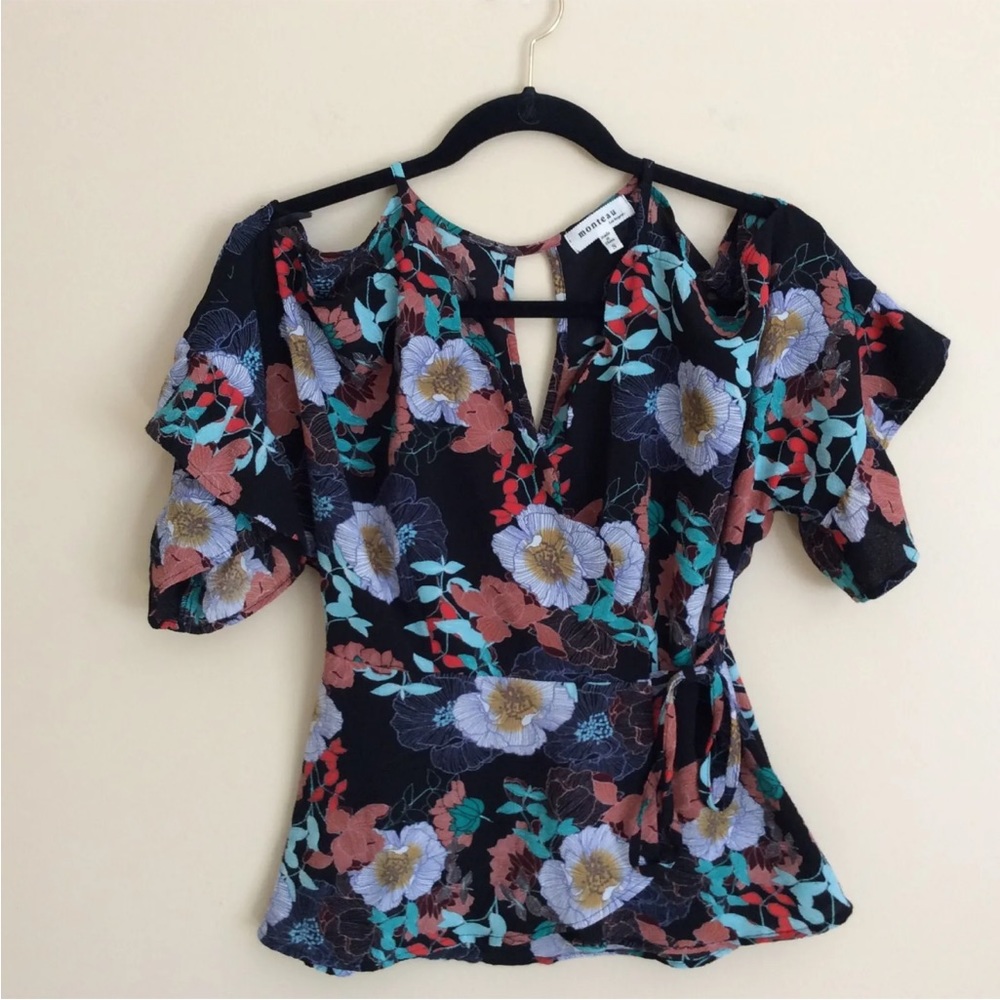 Monteau Women's Floral Short Sleeve Wrap Blouse Top  Cold Shoulder Size S